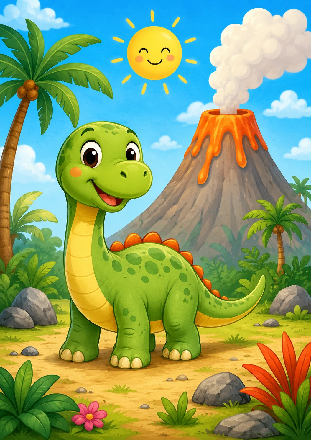 Voorbeeld van Vriendelijke dino bij de vulkaan