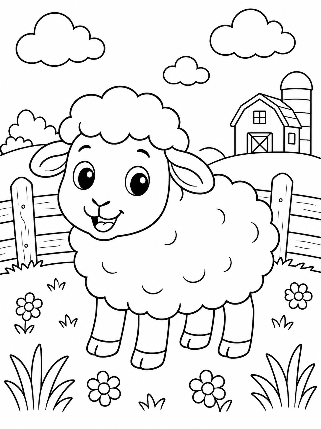 Lege kleurplaat van het schaap van Vrolijk schaap in de dierenweide