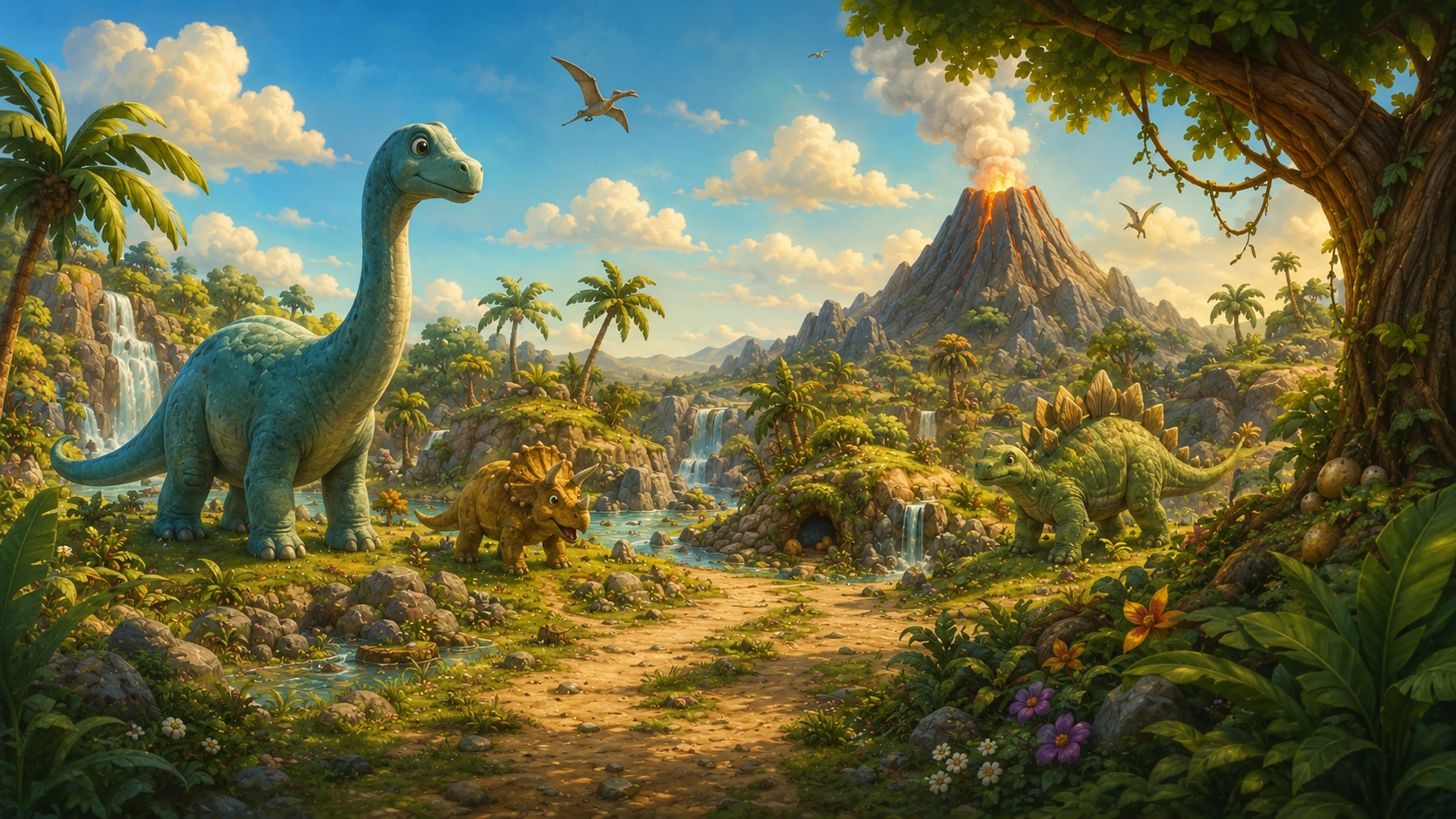 Dino-eiland met vriendelijke dinosaurussen, een vulkaan, watervallen en een verborgen grot