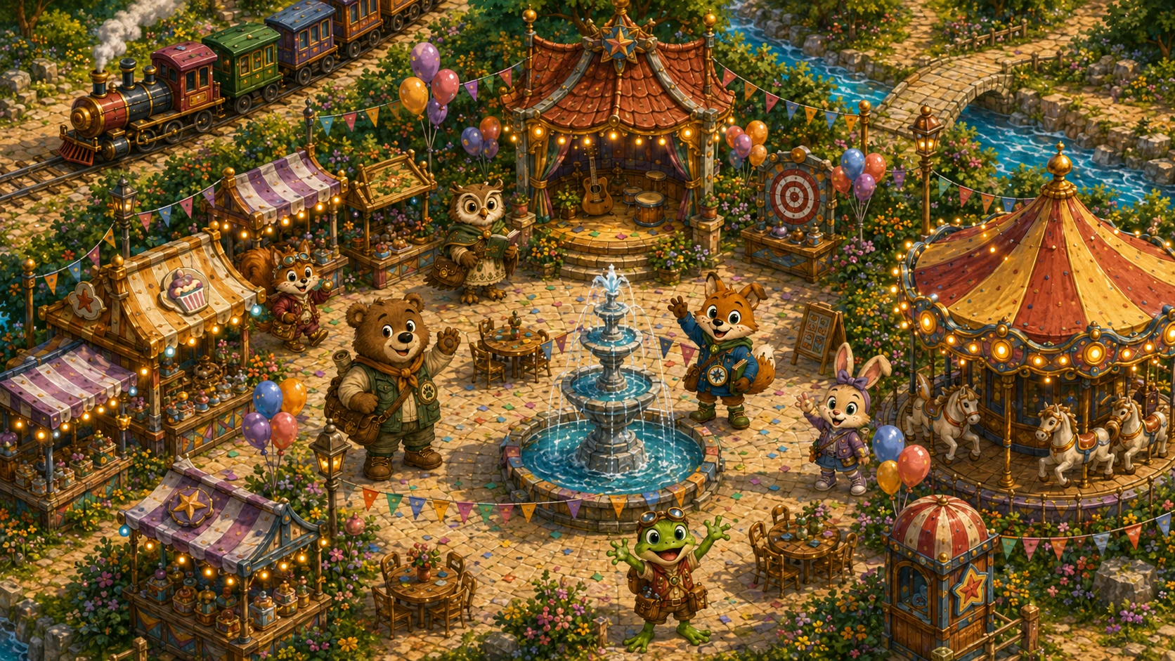 Feestplein met een centrale fontein, kleurrijke kraampjes, een draaimolen en feestelijke versiering