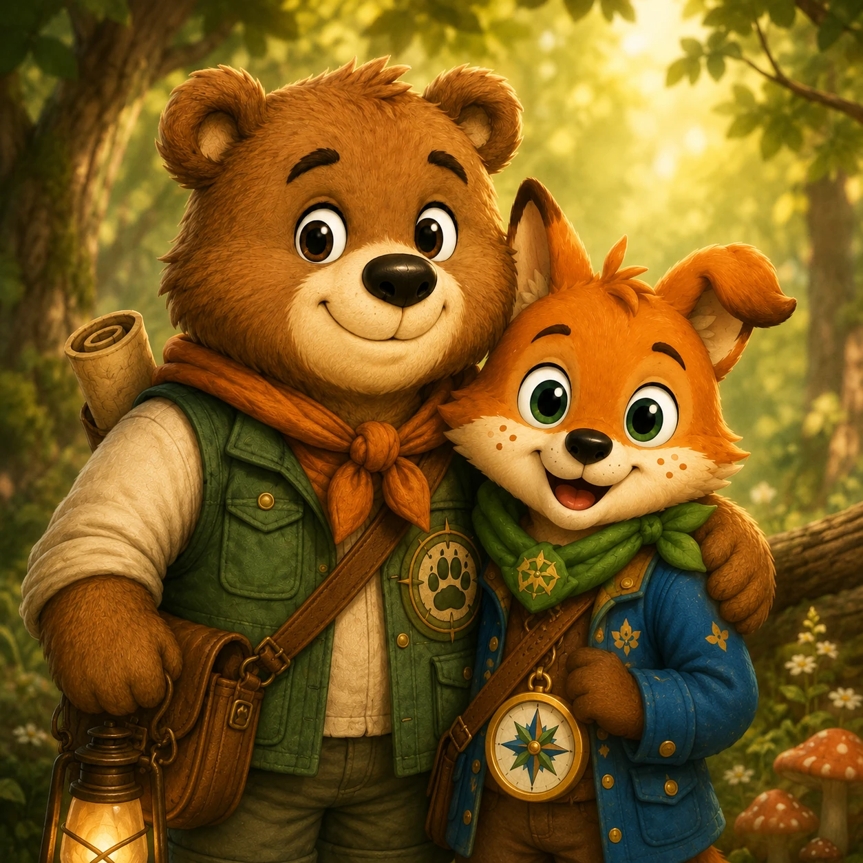 Bram de beer en Spel de kompasvos staan als beste vrienden samen in het bos