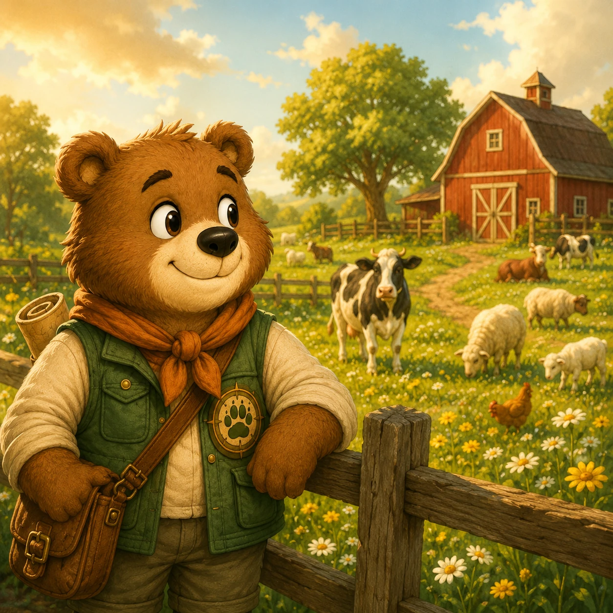 Bram de beer bij een zonnige Boerderijweide met een rode schuur, koeien, schapen en bloemen