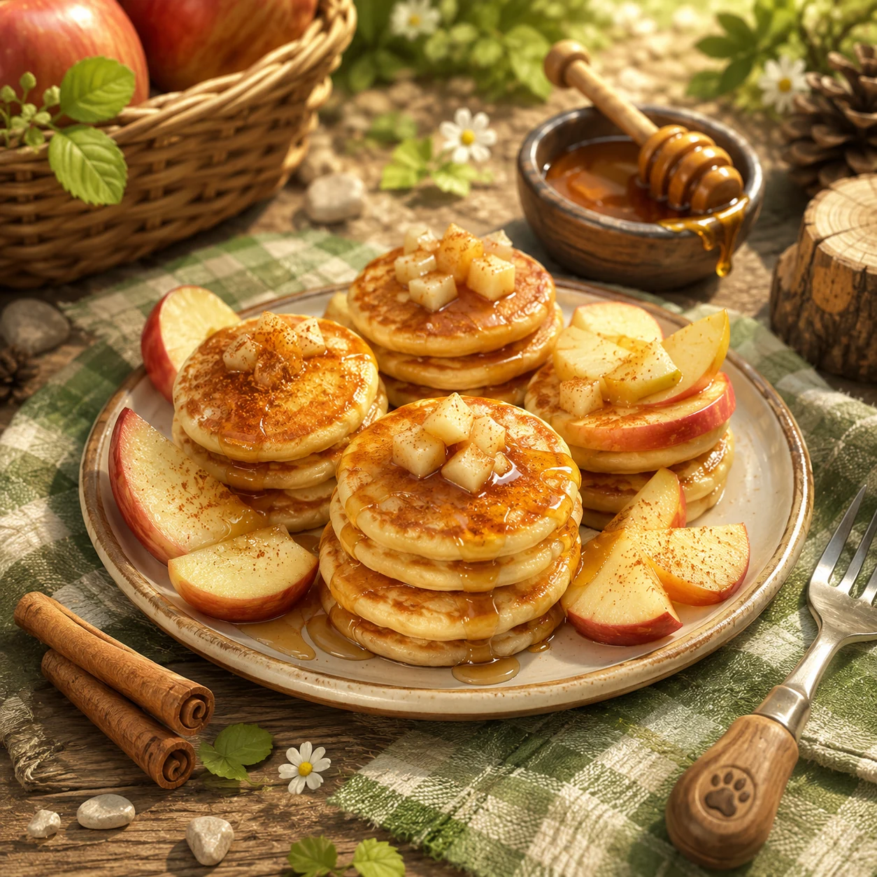 Kleine appelpannenkoekjes met kaneel en honing tijdens een picknick in het bos
