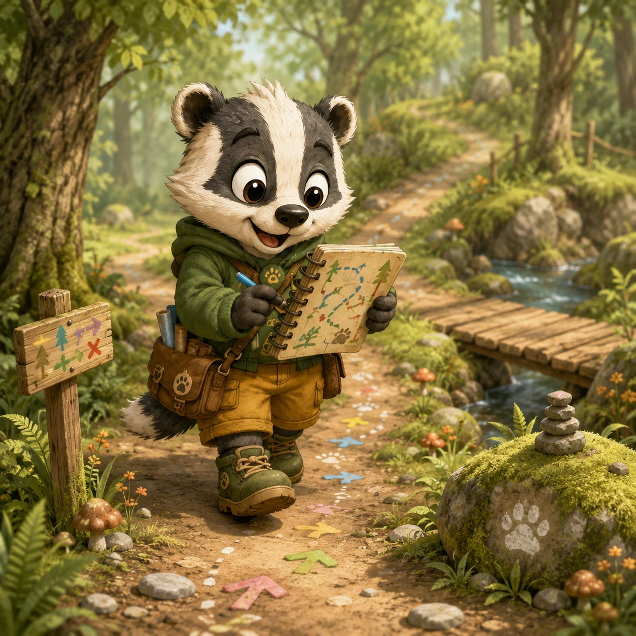 Daan volgt met zijn routeboek een kleurrijk bospad langs een beek en een houten brug