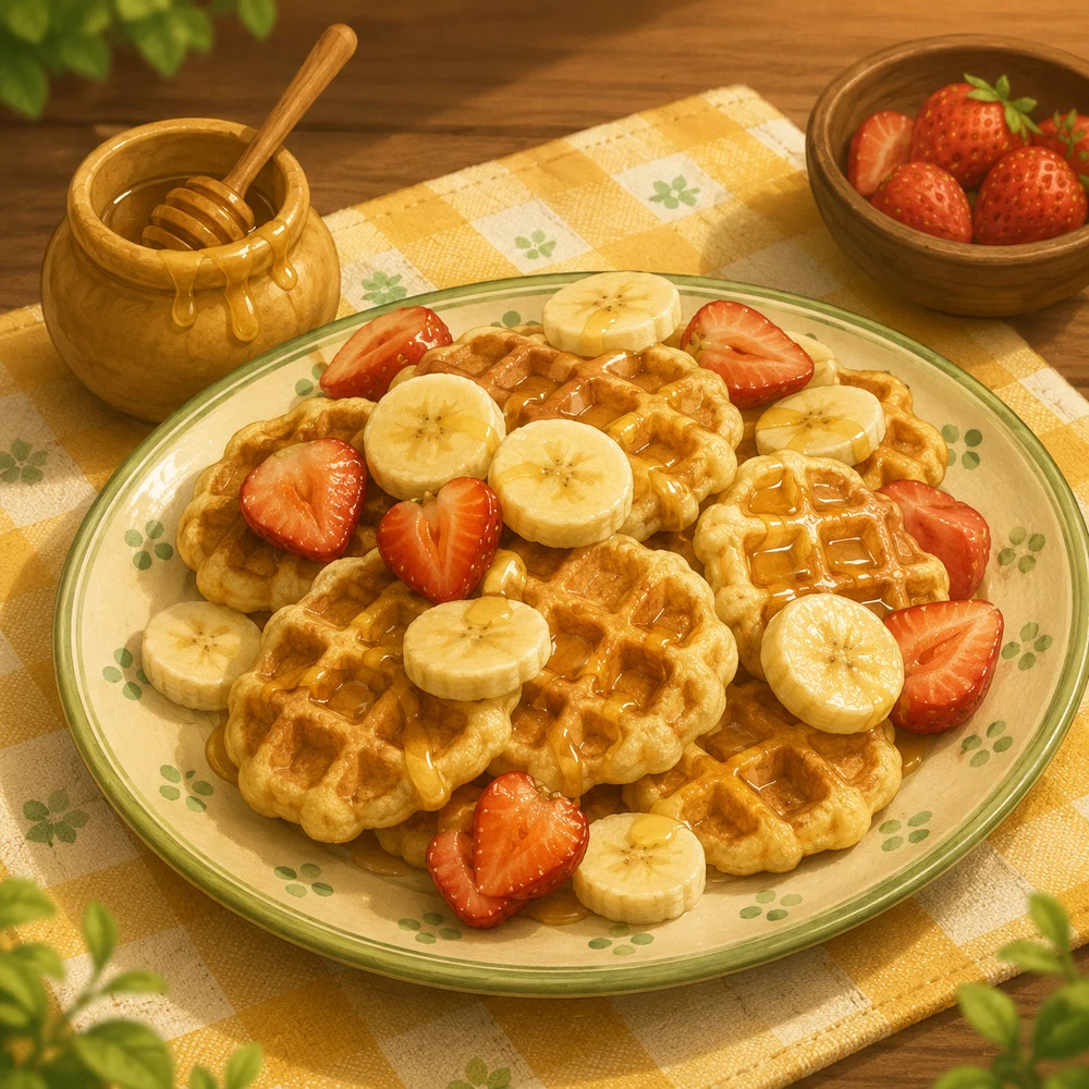 Fruitige wafels met banaan, aardbeien en honing op een vrolijk tafelkleed