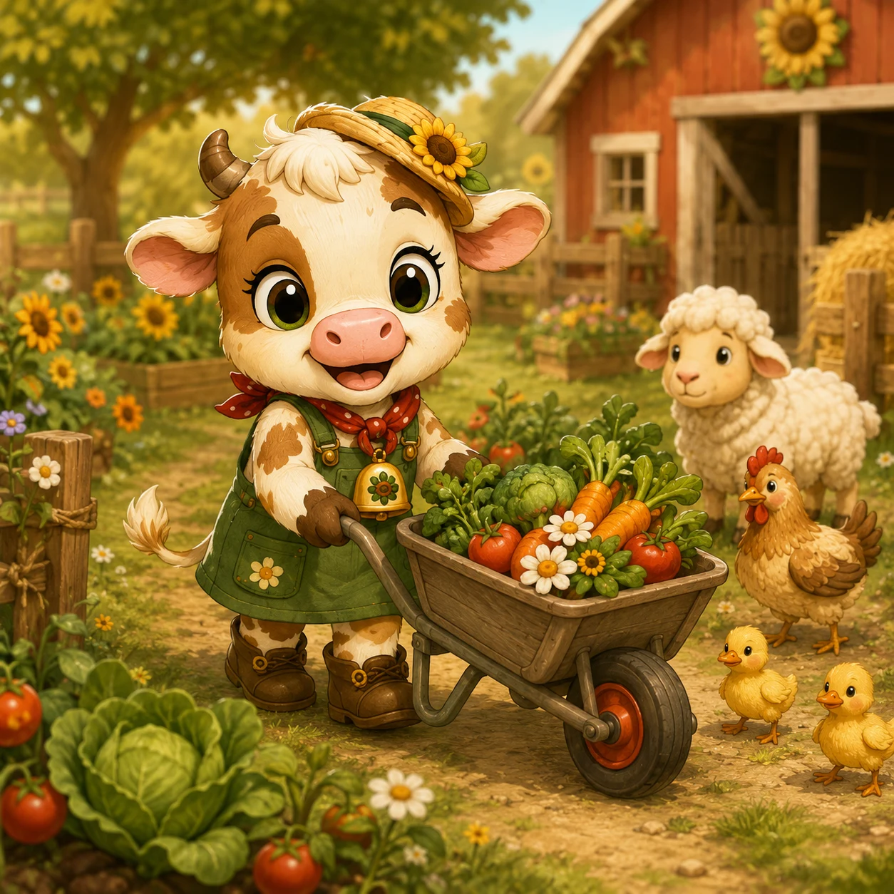 Mies het kalf op een zonnige boerderij tussen bloemen, een schuur en een groene weide