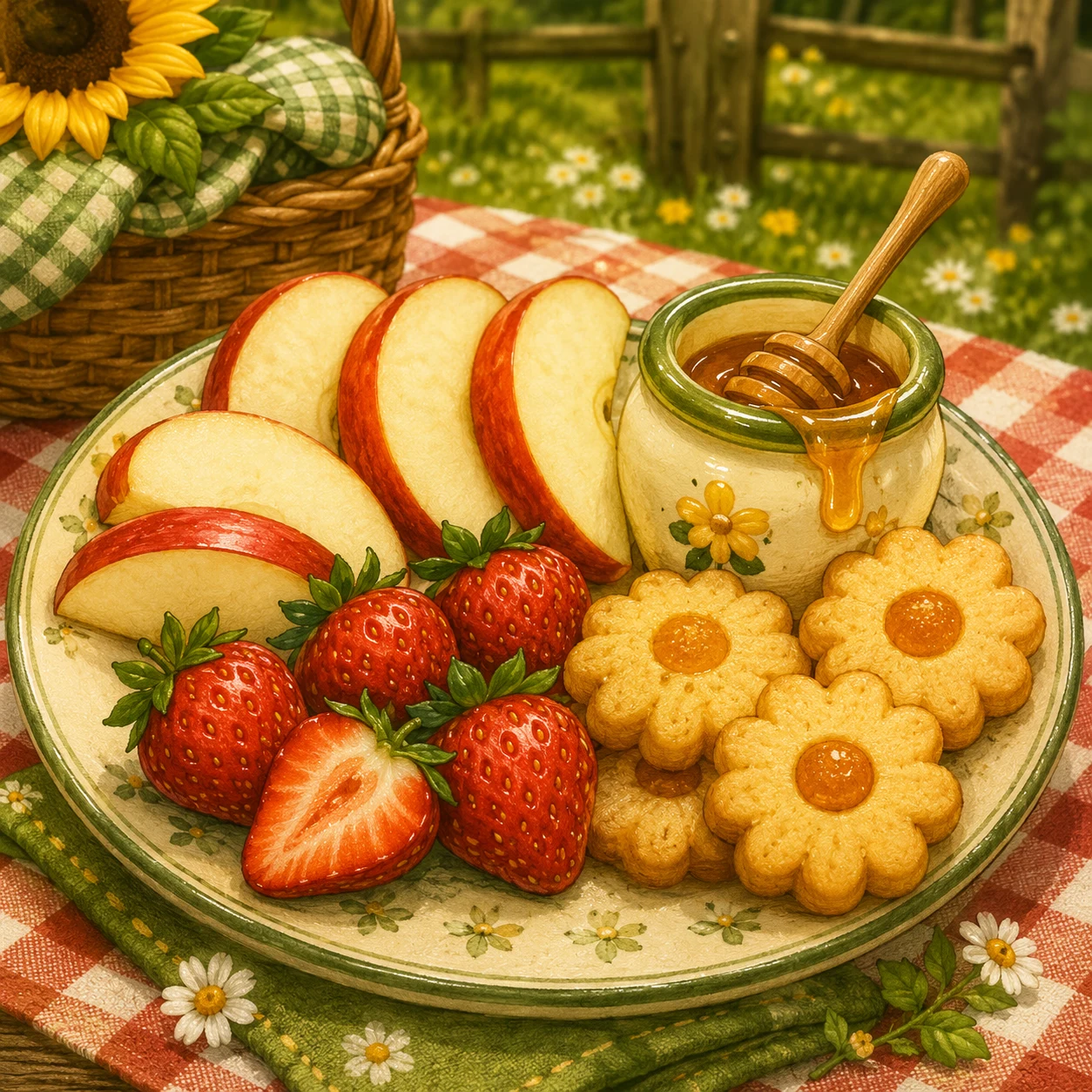 Een vrolijke boerderijpicknick met aardbeien, appelpartjes, bloemenkoekjes en honing