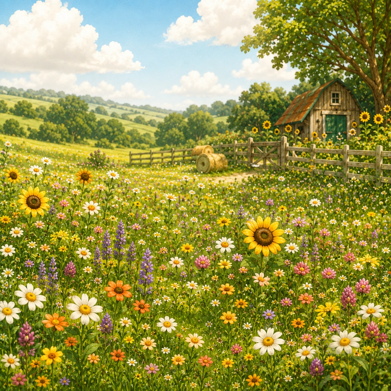 Een zonnige bloemenweide bij de boerderij met wilde bloemen, een houten hek, hooibalen en een kleine schuur