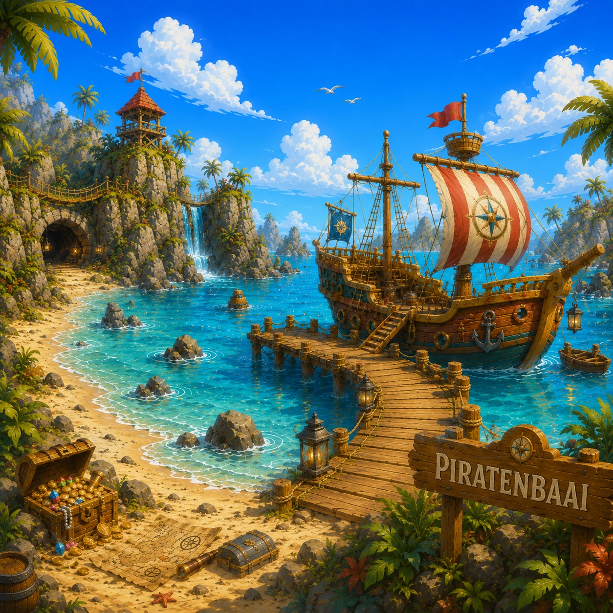 Een breed overzicht van Piratenbaai met tropische rotsen, watervallen, de houten steiger en het kompasschip