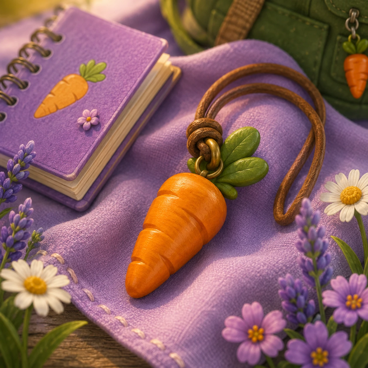 Pips oranje wortelhanger op paarse stof naast haar schetsboek en groene rugzak