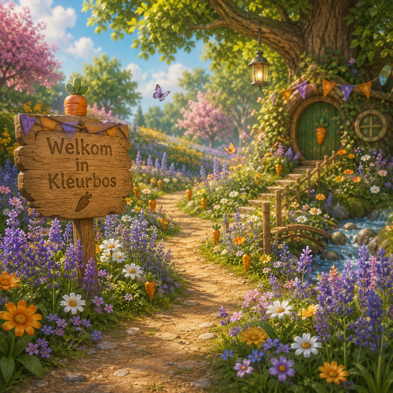 Een kleurrijk bloemenpad door het zonnige Kleurbos naar een knus boomhuis