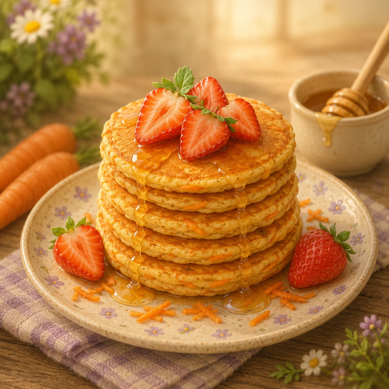 Wortelpannenkoekjes met aardbeien en honing op een vrolijk paars bord