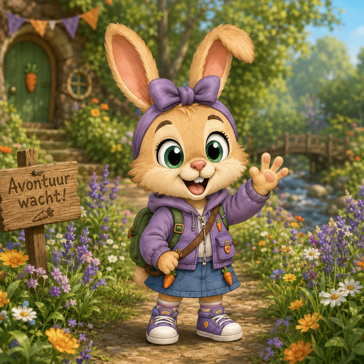 Pip staat op het bloemenpad bij haar gezellige wortelhuisje in het Kleurbos