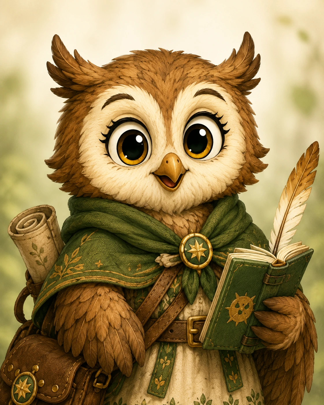 Portret van Wijsje de uil met haar groene cape en avonturenboek