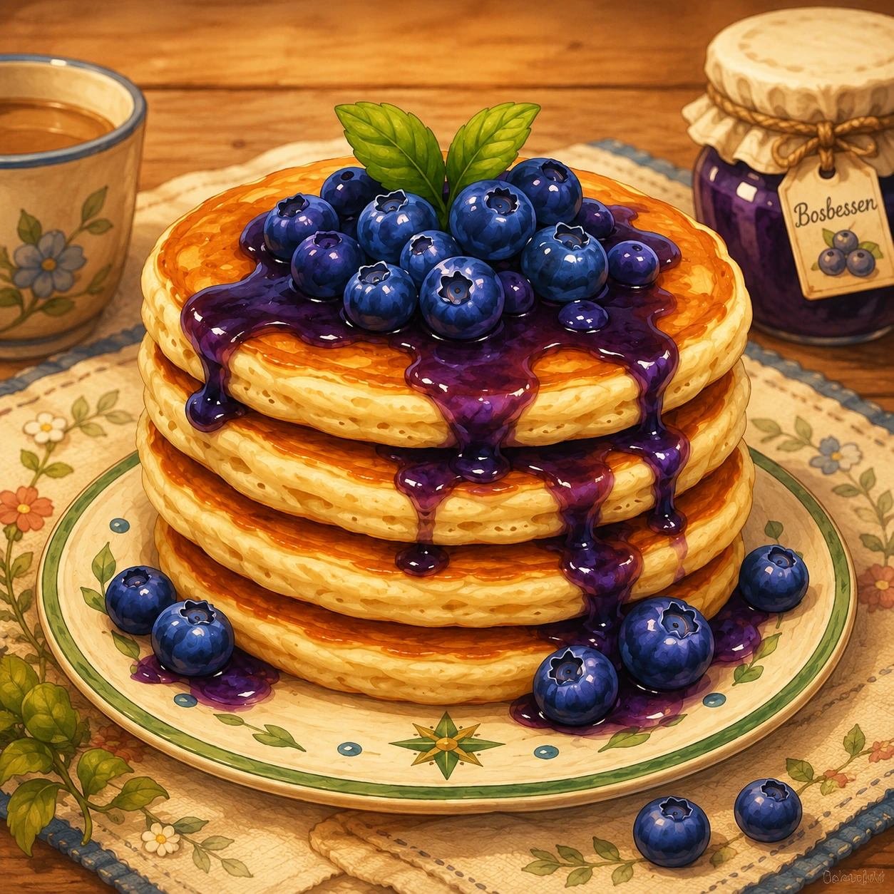 Bosbessenpannenkoeken op een gedekt tafelkleed met bosbessenjam en een warme drank