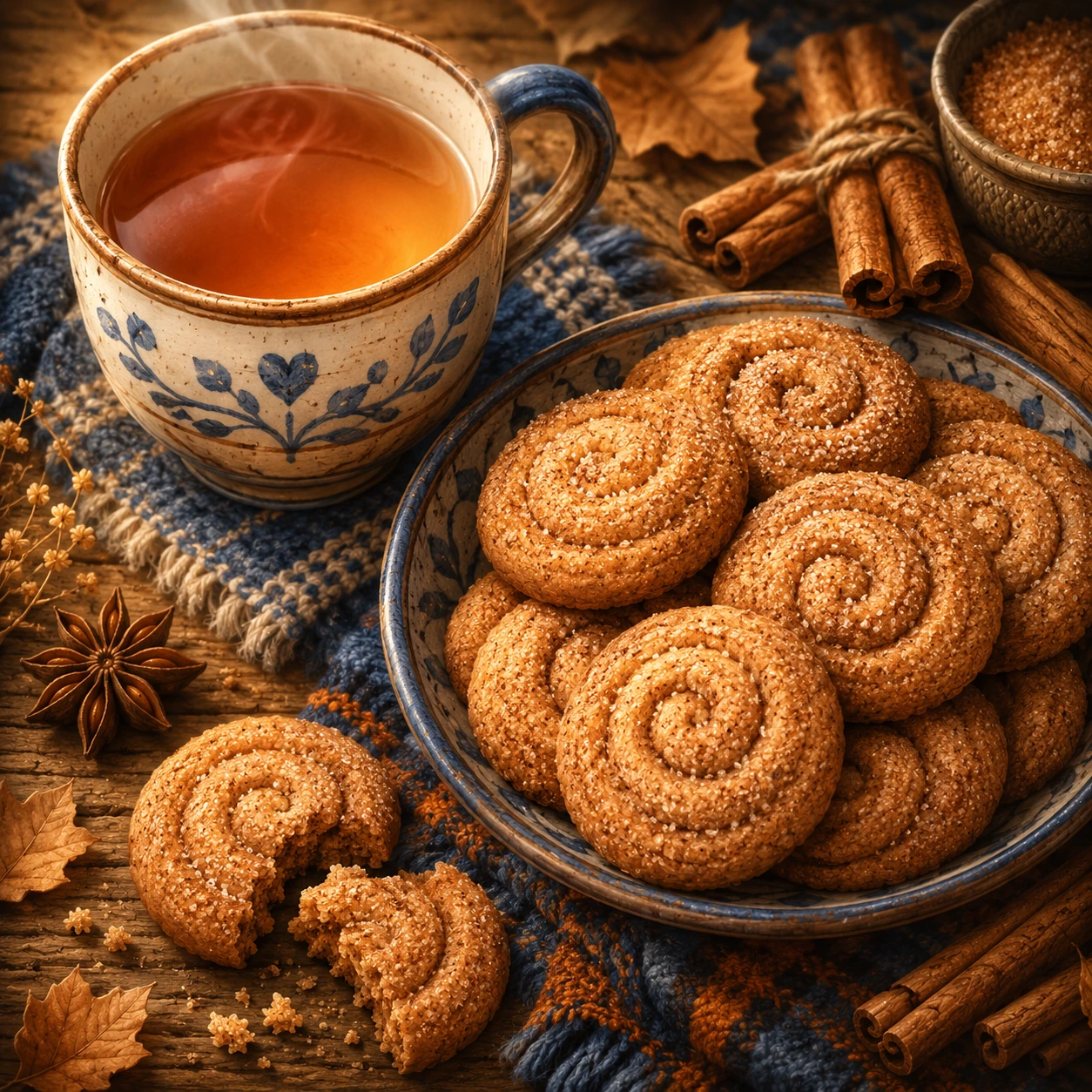Een schaal kaneelkoekjes met een warme kop kruidenthee