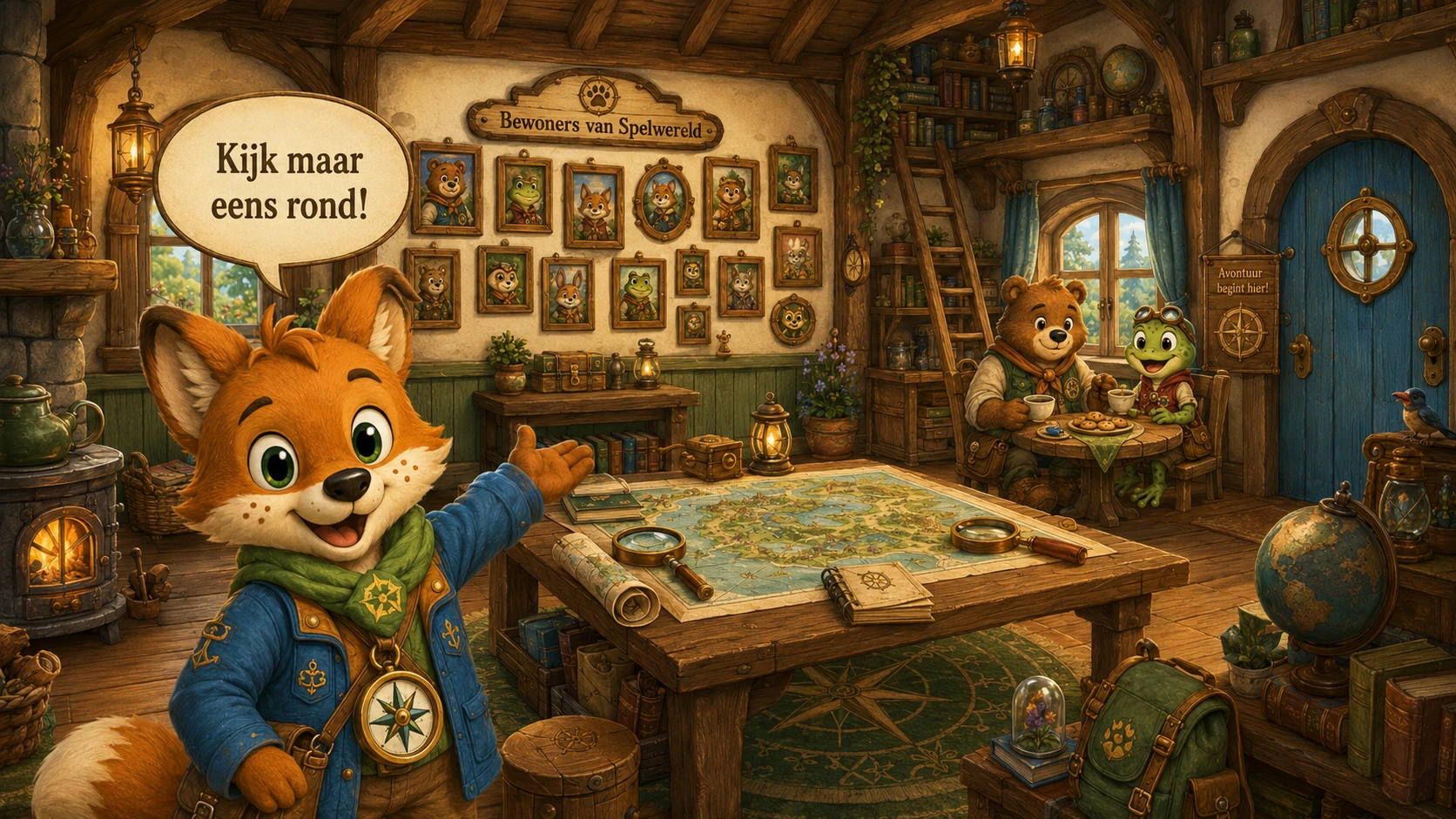 De warme binnenkamer van het Kompashuis met Spel, de bewonersfotomuur, een grote wereldkaart op tafel en Bram en Flinn bij de theetafel