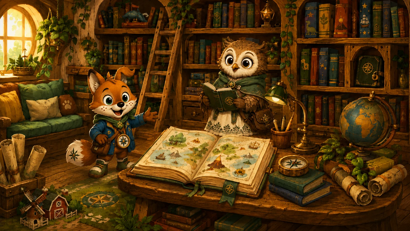 Spel en Wijsje in de warme Bibliotheek van het Kompashuis met boekenkasten, een open atlas en een globe