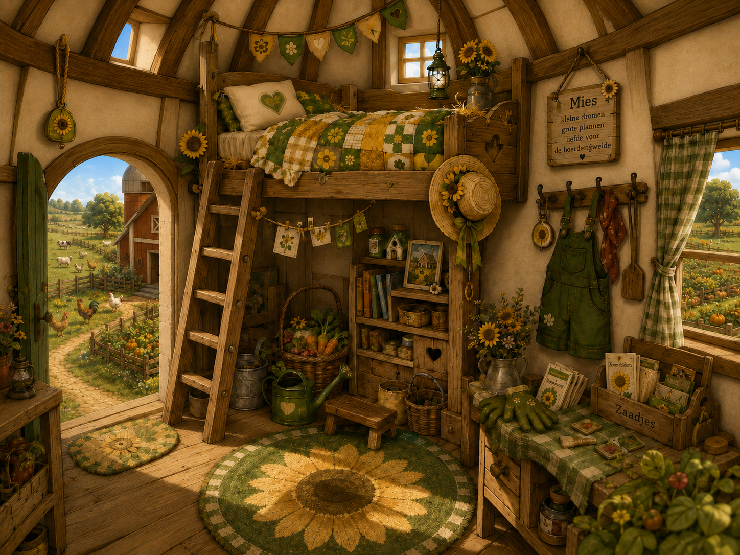 De warme binnenkant van Mies haar huisje op de Boerderijweide, met bed, tuinspullen, bloemen, zaadjes en uitzicht op de boerderij