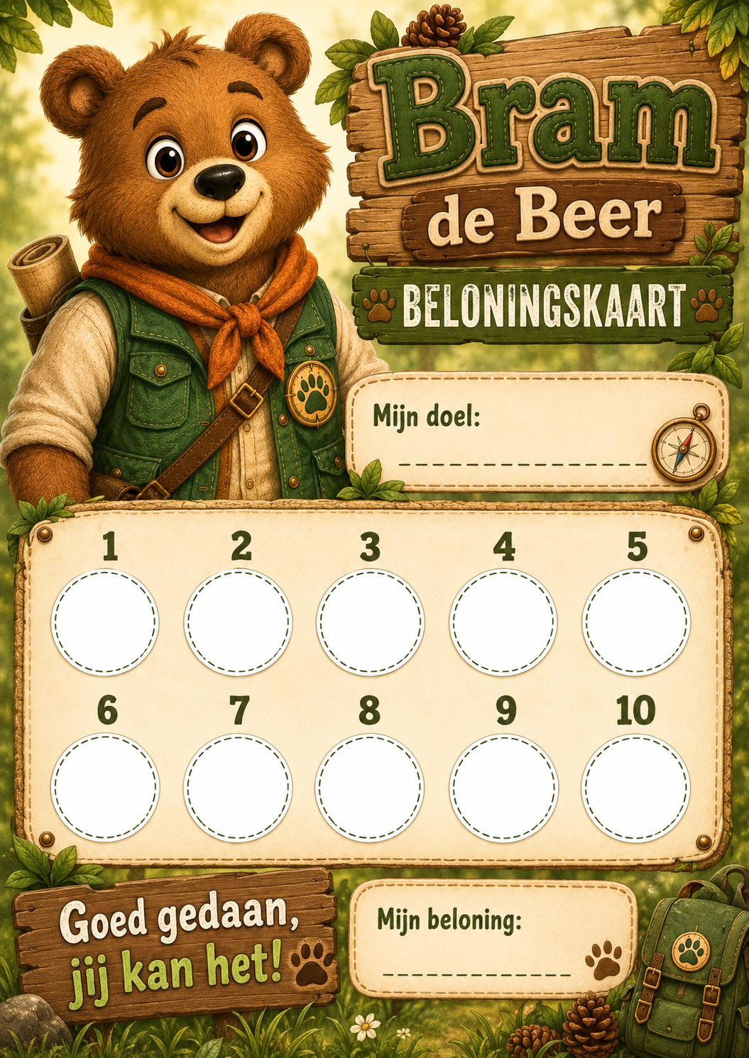 Beloningskaart van Bram de Beer met tien ronde vakken, ruimte voor een doel en een beloning