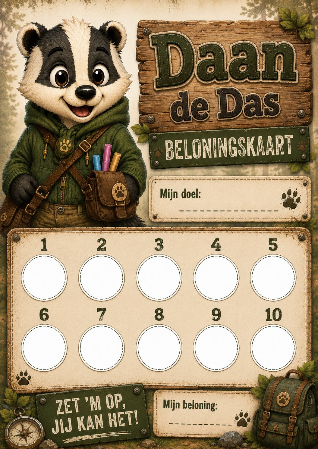 Beloningskaart van Daan de Das met tien ronde vakken, ruimte voor een doel en een beloning