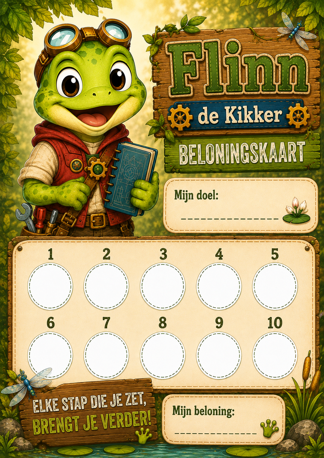 Beloningskaart van Flinn de Kikker met tien ronde vakken, ruimte voor een doel en een beloning