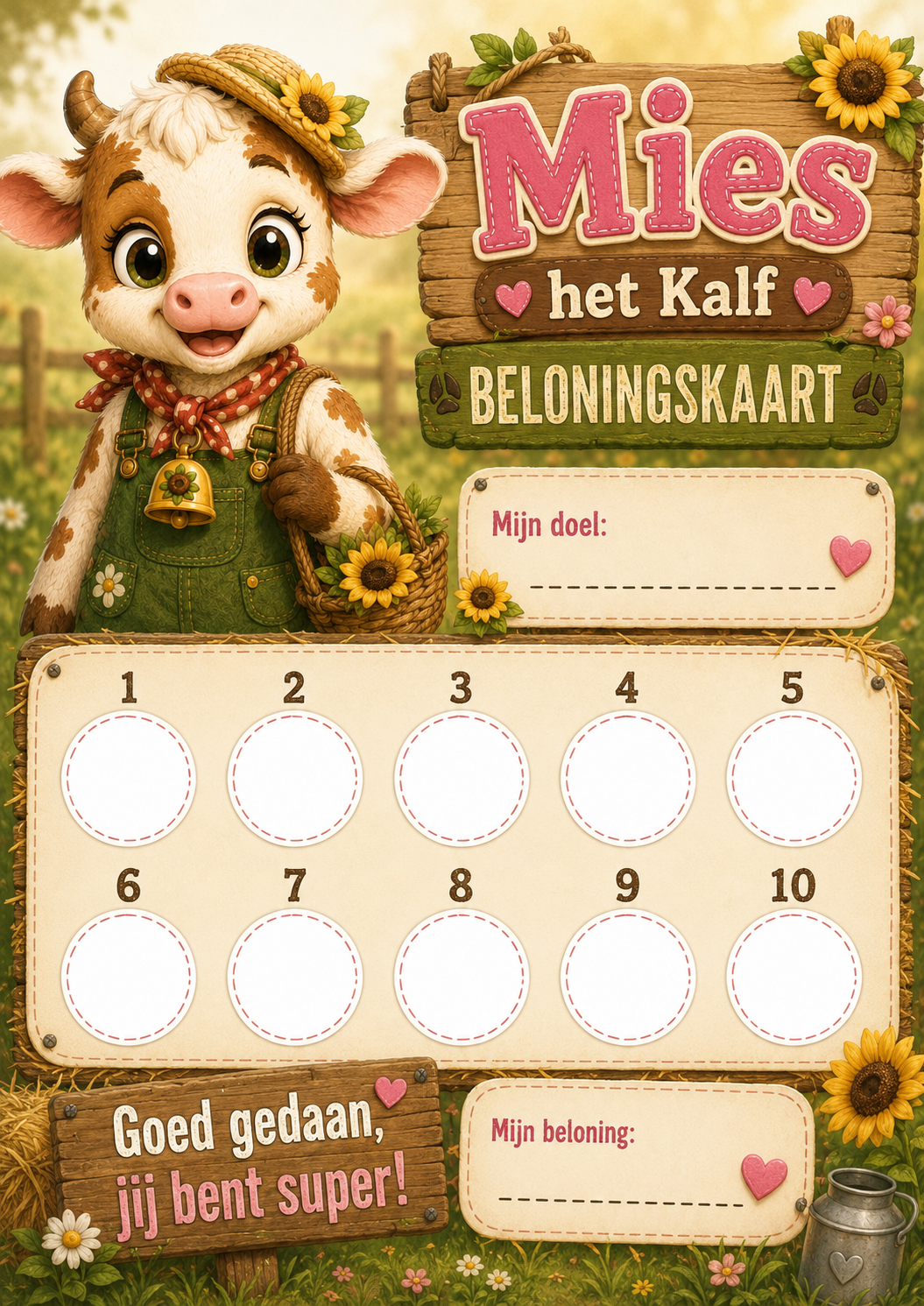 Beloningskaart van Mies het Kalf met tien ronde vakken, ruimte voor een doel en een beloning