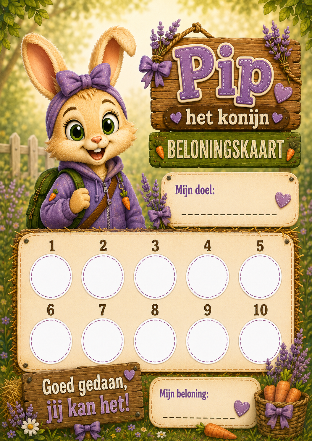 Beloningskaart van Pip het Konijn met tien ronde vakken, ruimte voor een doel en een beloning