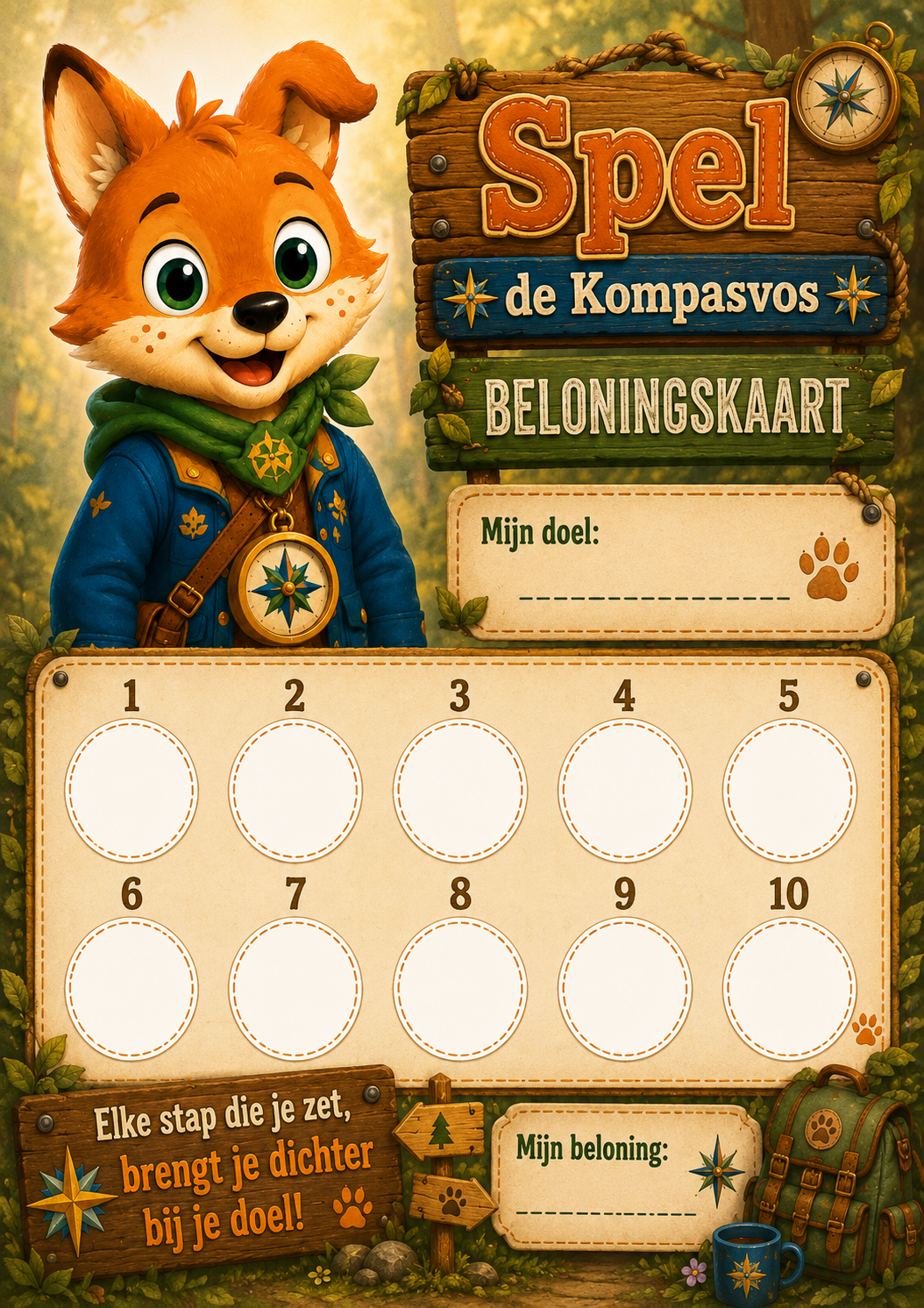Beloningskaart van Spel de Kompasvos met tien ronde vakken, ruimte voor een doel en een beloning