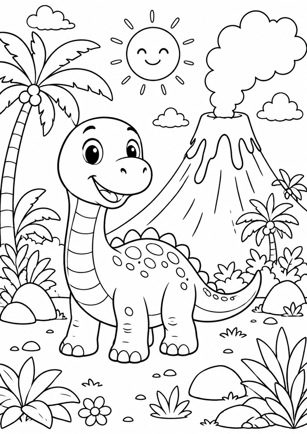 Leeg voorbeeld van Vriendelijke dino bij de vulkaan