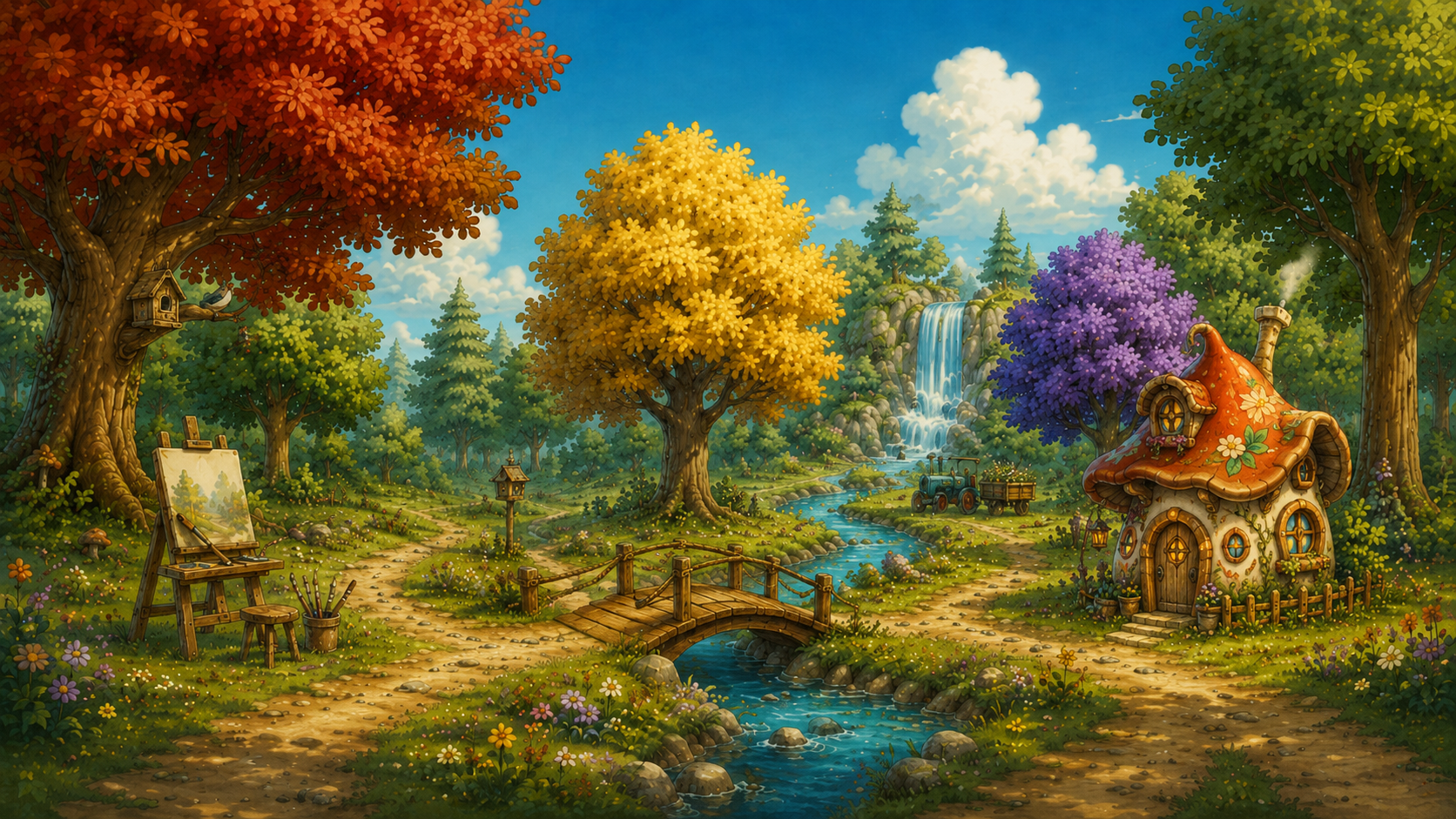 Kleurbos met kleurrijke bomen, Pip bij haar schildersezel, een houten brug, een beek, een waterval en een fantasiehuisje