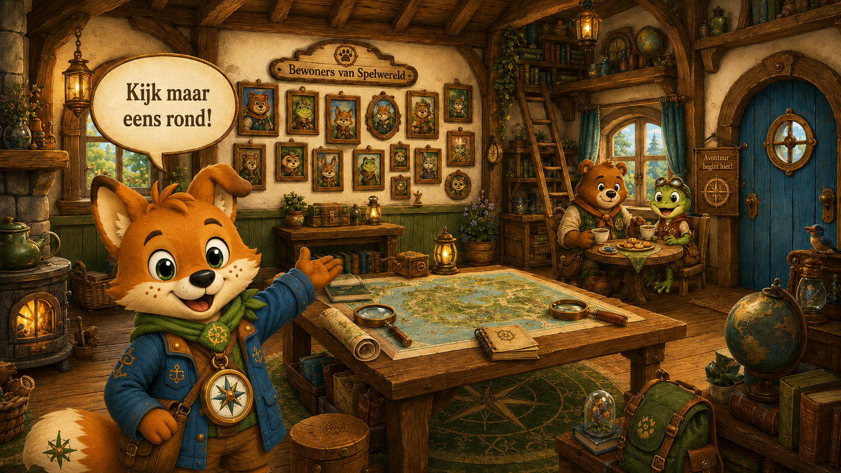 De warme binnenkamer van het Kompashuis met Spel, de bewonersfotomuur, een grote wereldkaart op tafel en Bram en Flinn bij de theetafel