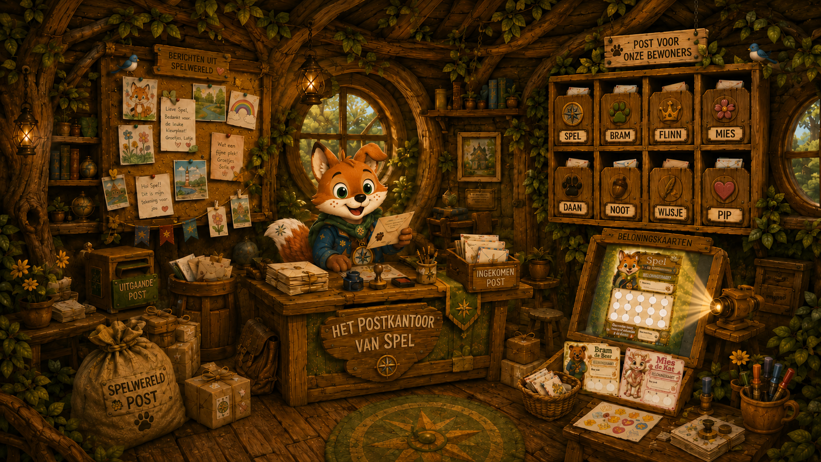 Het warme postkantoor van Spel met een prikbord, postvakjes voor de bewoners en beloningskaarten