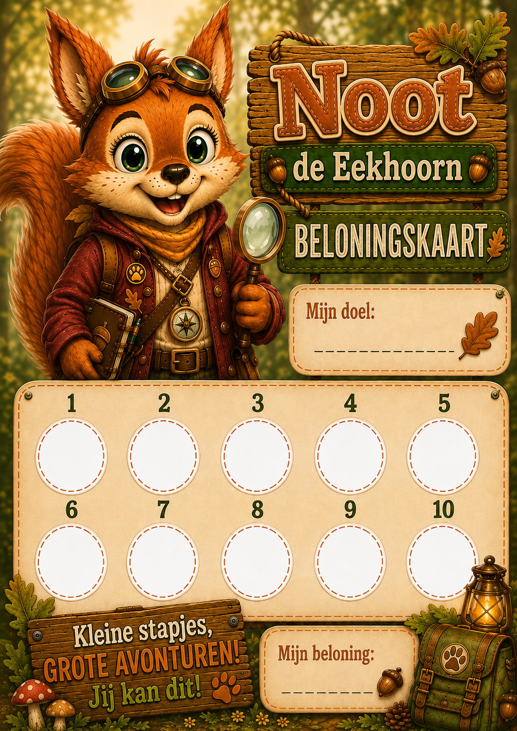 Beloningskaart van Noot de Eekhoorn met tien ronde vakken, ruimte voor een doel en een beloning