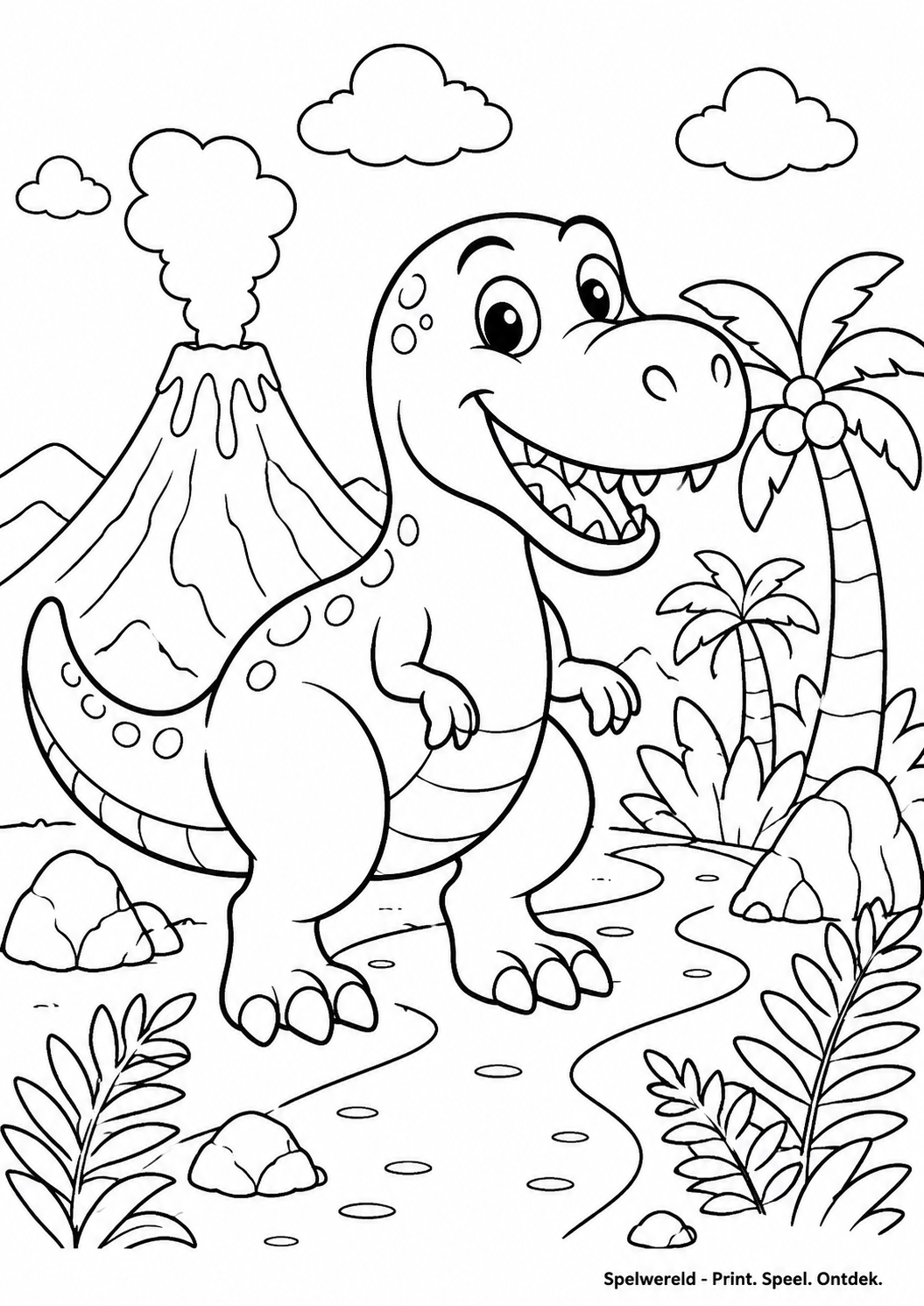Leeg voorbeeld van Vrolijke T-rex bij de vulkaan