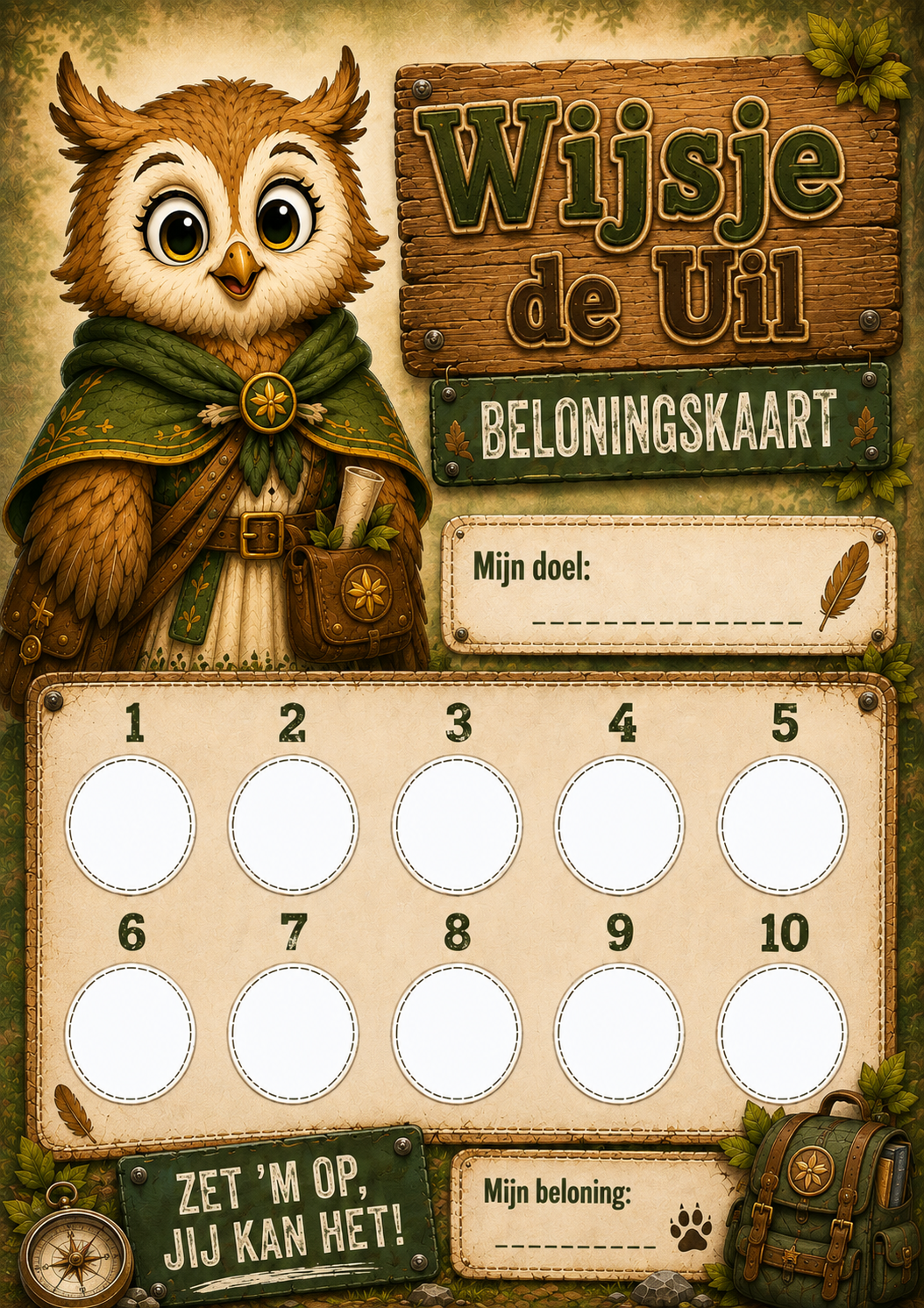 Beloningskaart van Wijsje de Uil met tien ronde vakken, ruimte voor een doel en een beloning