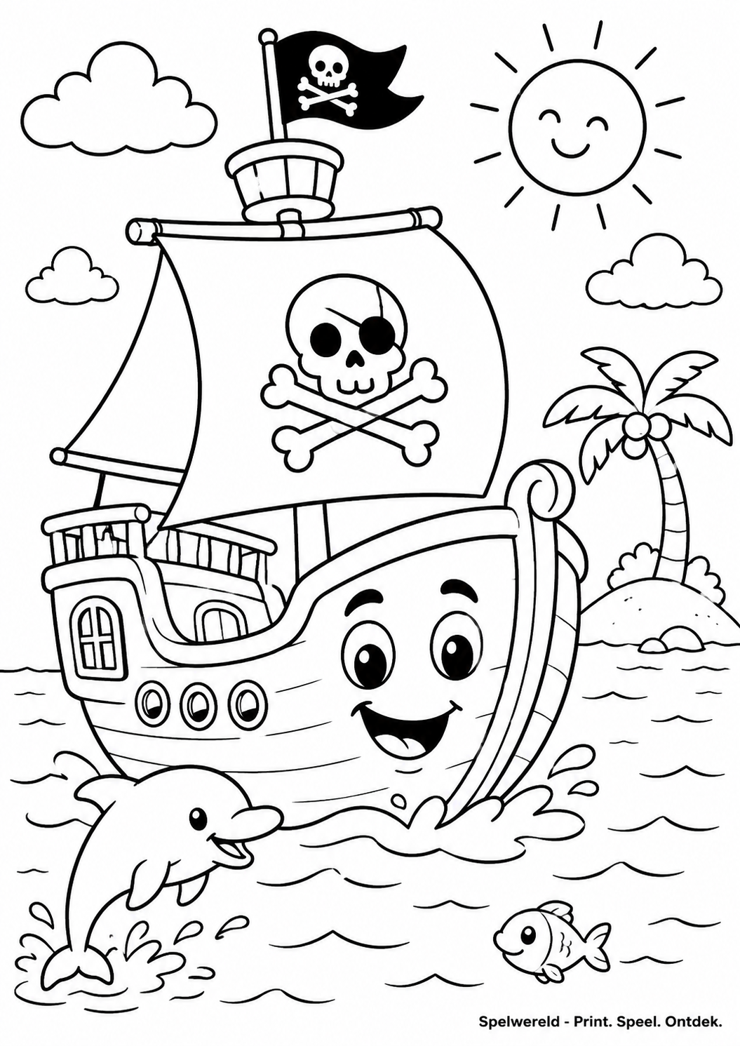 Leeg voorbeeld van Vrolijk piratenschip op zee