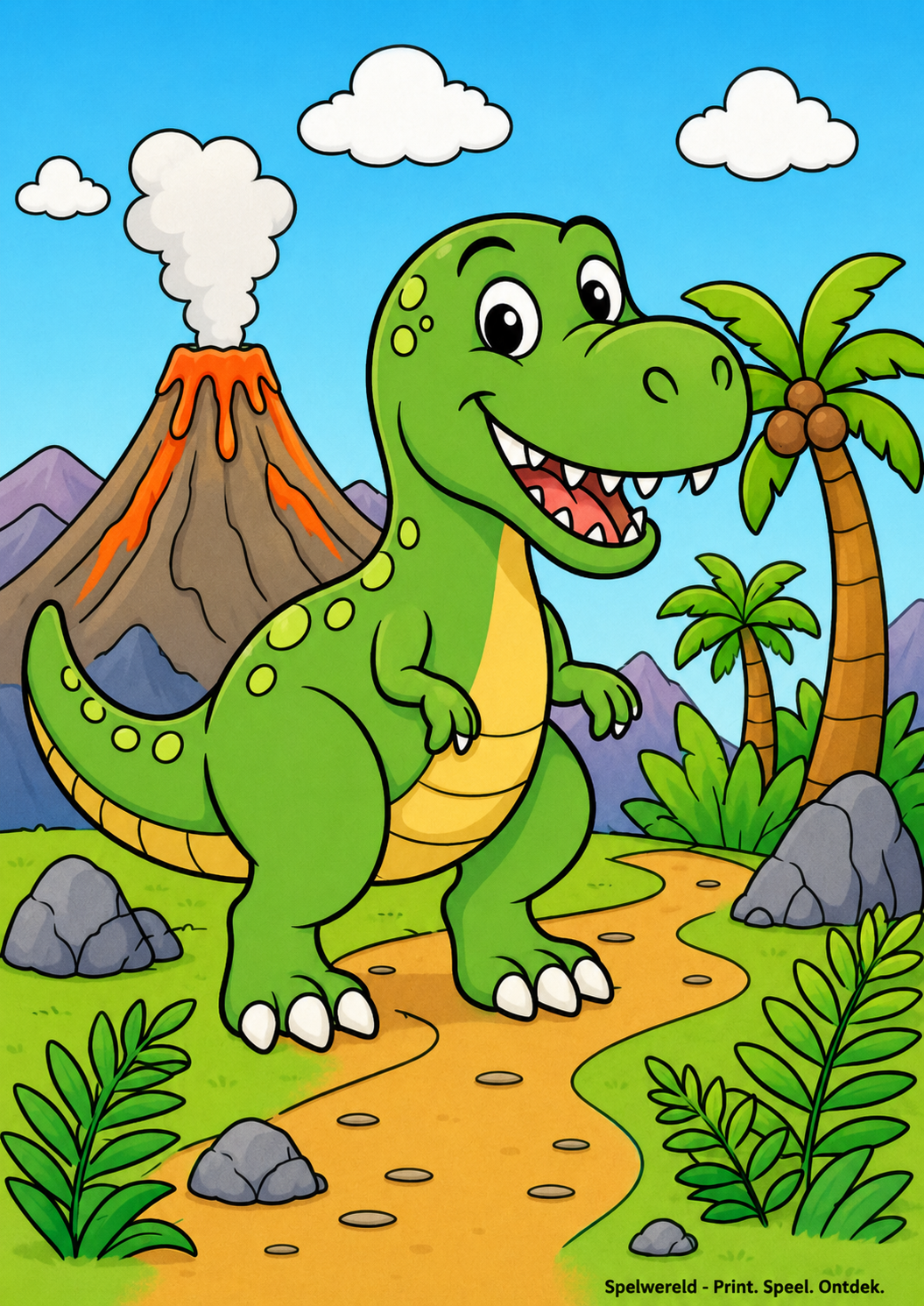 Voorbeeld van Vrolijke T-rex bij de vulkaan