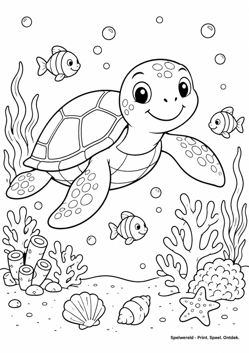 Leeg voorbeeld van Vrolijke zeeschildpad tussen het koraal